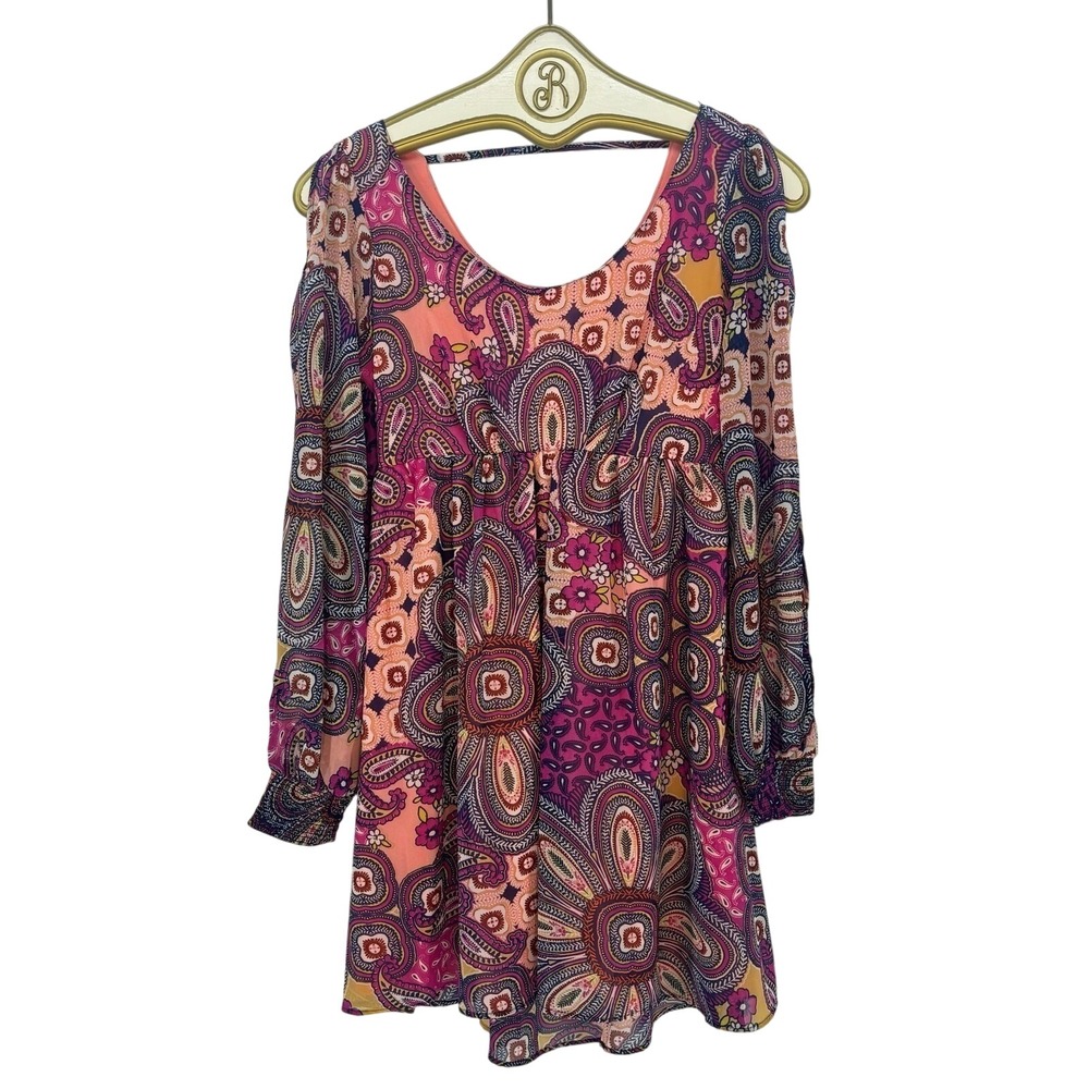 Boho Paisley Mini Dress XS Pink Indie Y2K Long split Sleeve Flowy Tunic Festival